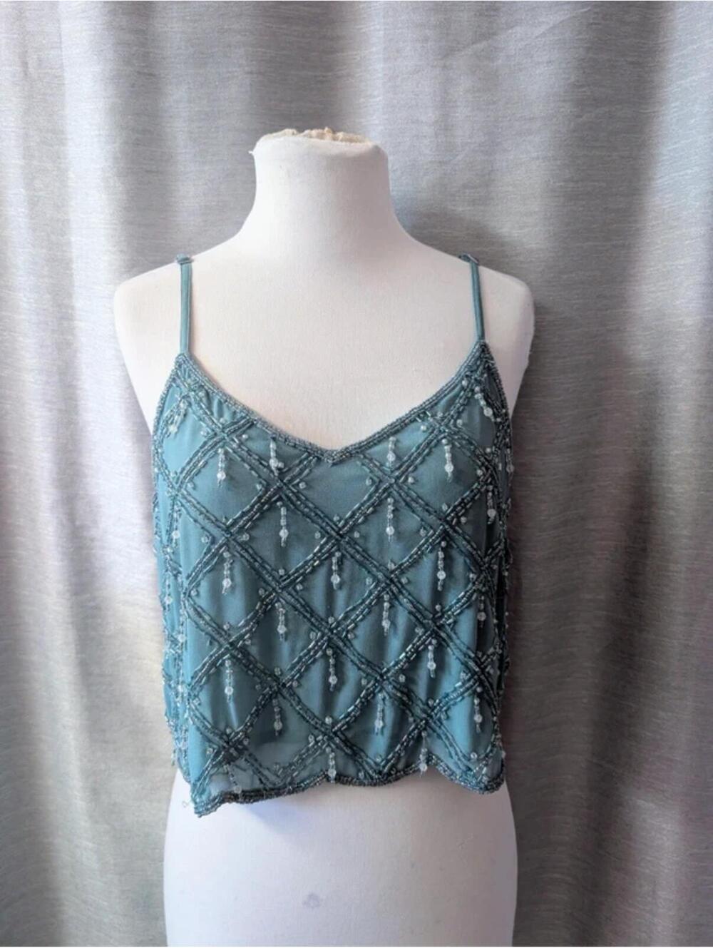 SOLD Blue Beaded Chiffon Fringe Tank Top UK 12 US M